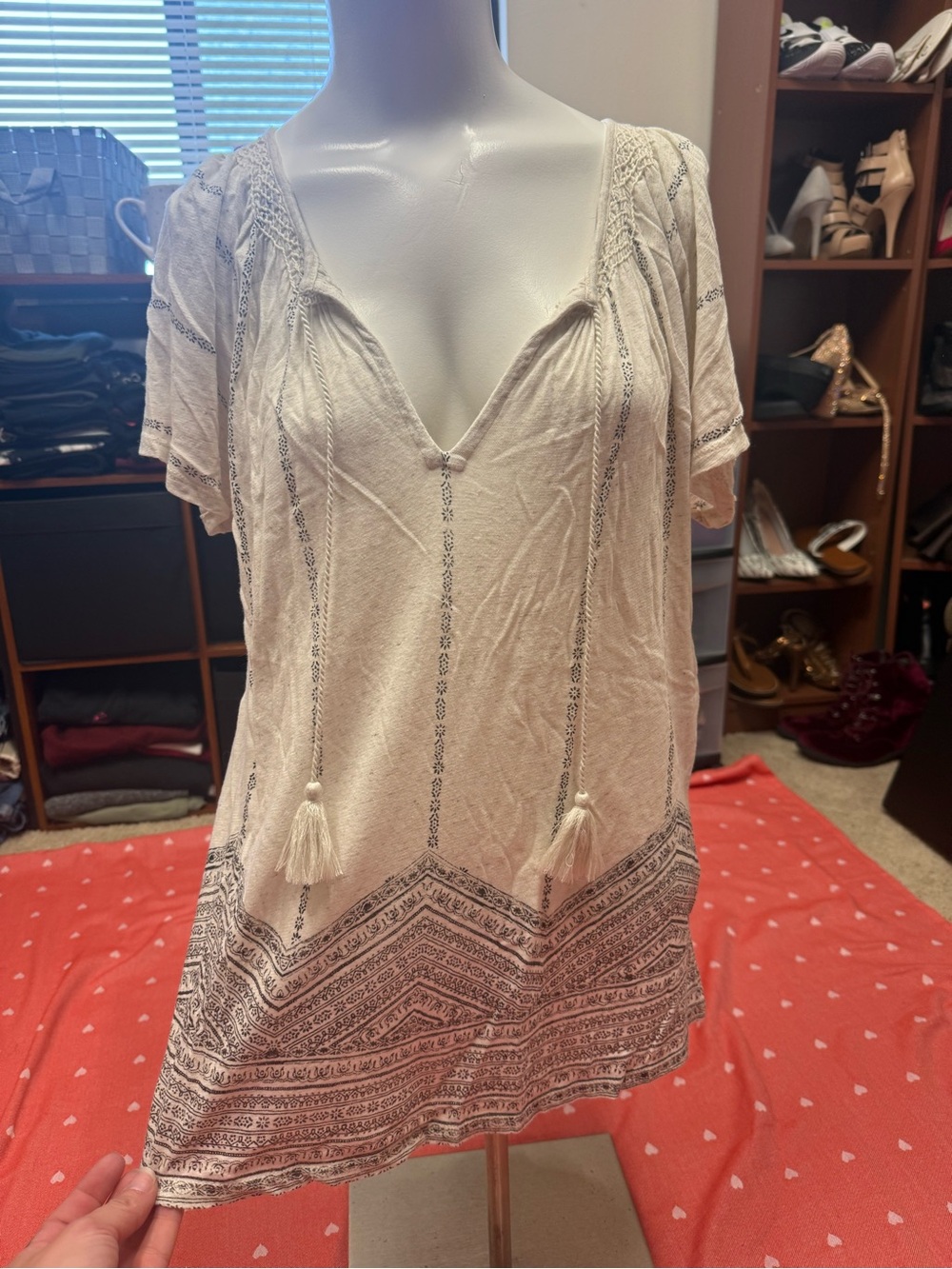 Boho Tassel V-Neck Tunic Top in Cream with Black Print